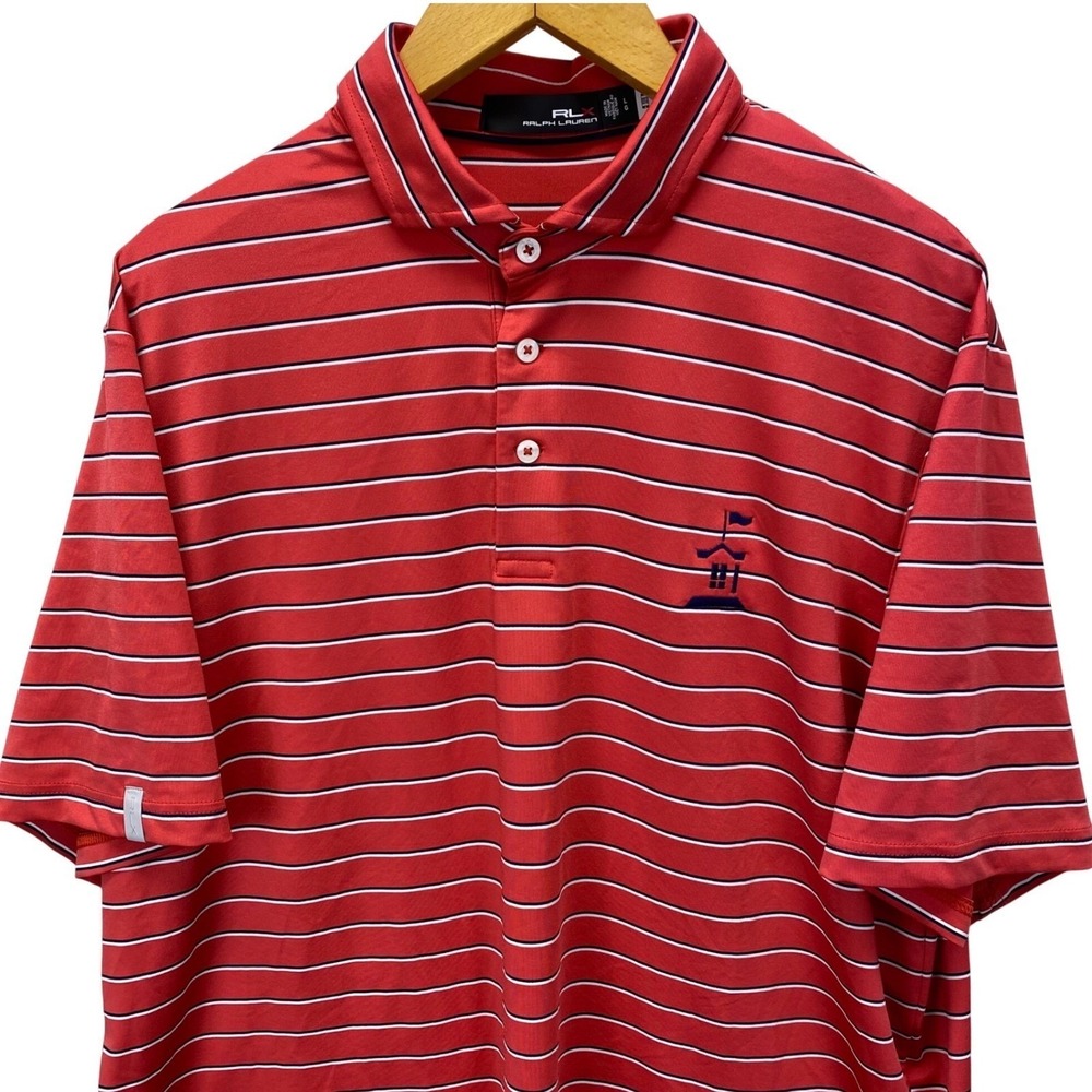 RLX Golf Ralph Lauren Mens Red White Blue Striped Polo Shirt Size Large Wicking